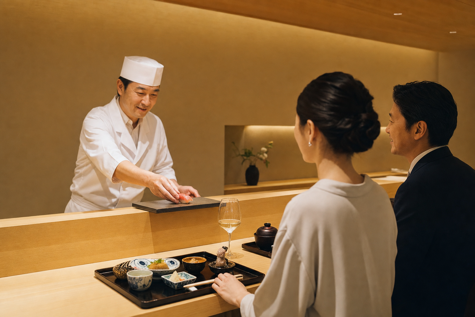 料理の仕上がりを間近に感じられる白木のカウンター席