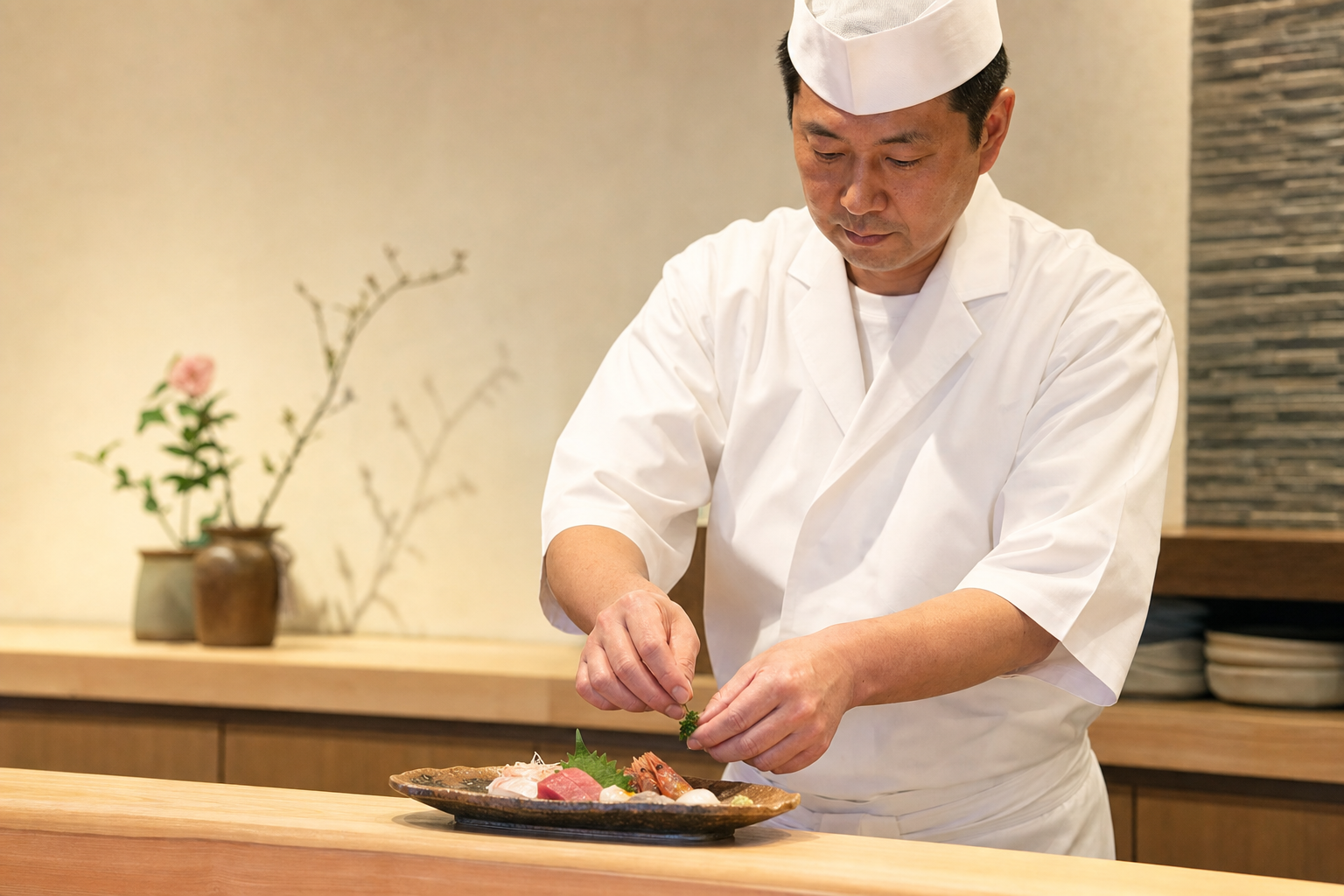 料理人が旬の食材を使った一皿を仕上げる手元