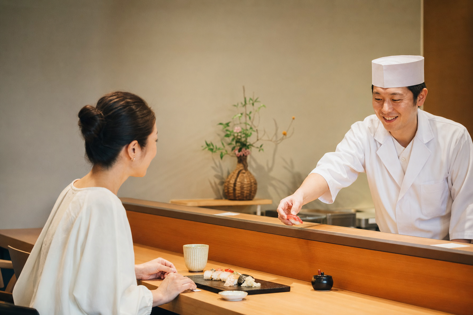 料理人が仕上げた寿司を器に整えた様子