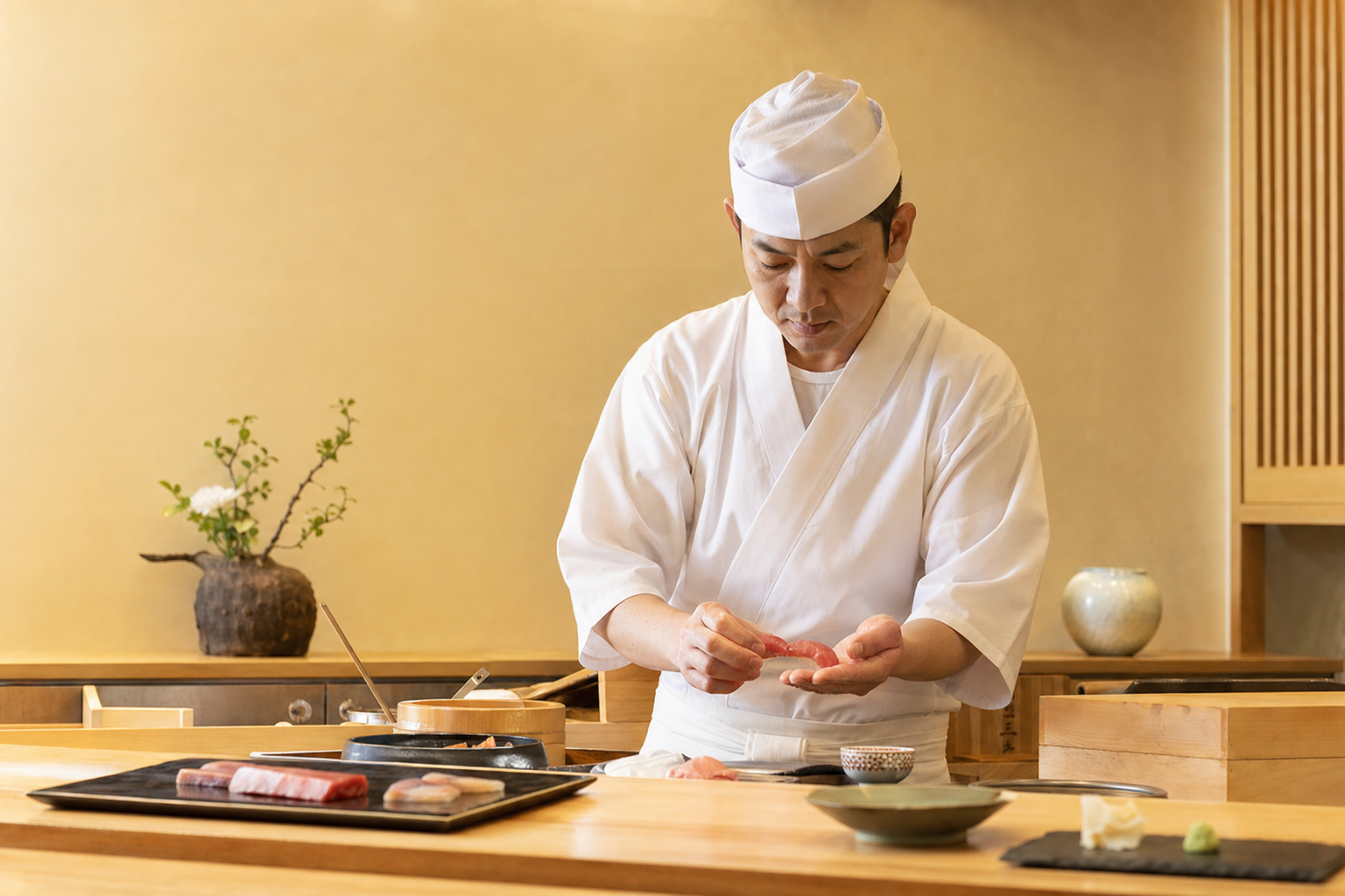 旬の食材を日本料理へ仕立てる料理人の手元