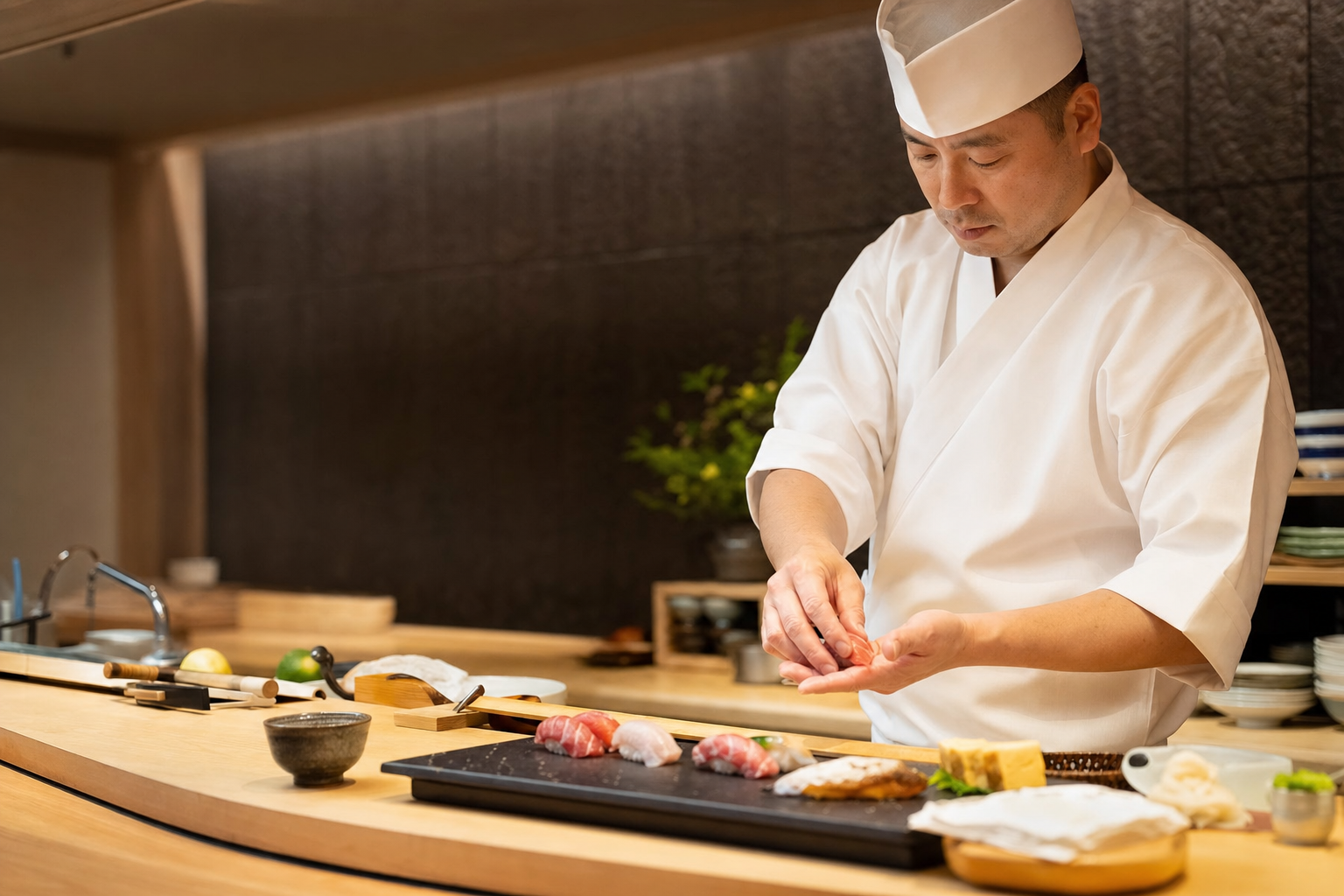 刺身、焼き物、小鉢を盛り付けた旬の日本料理
