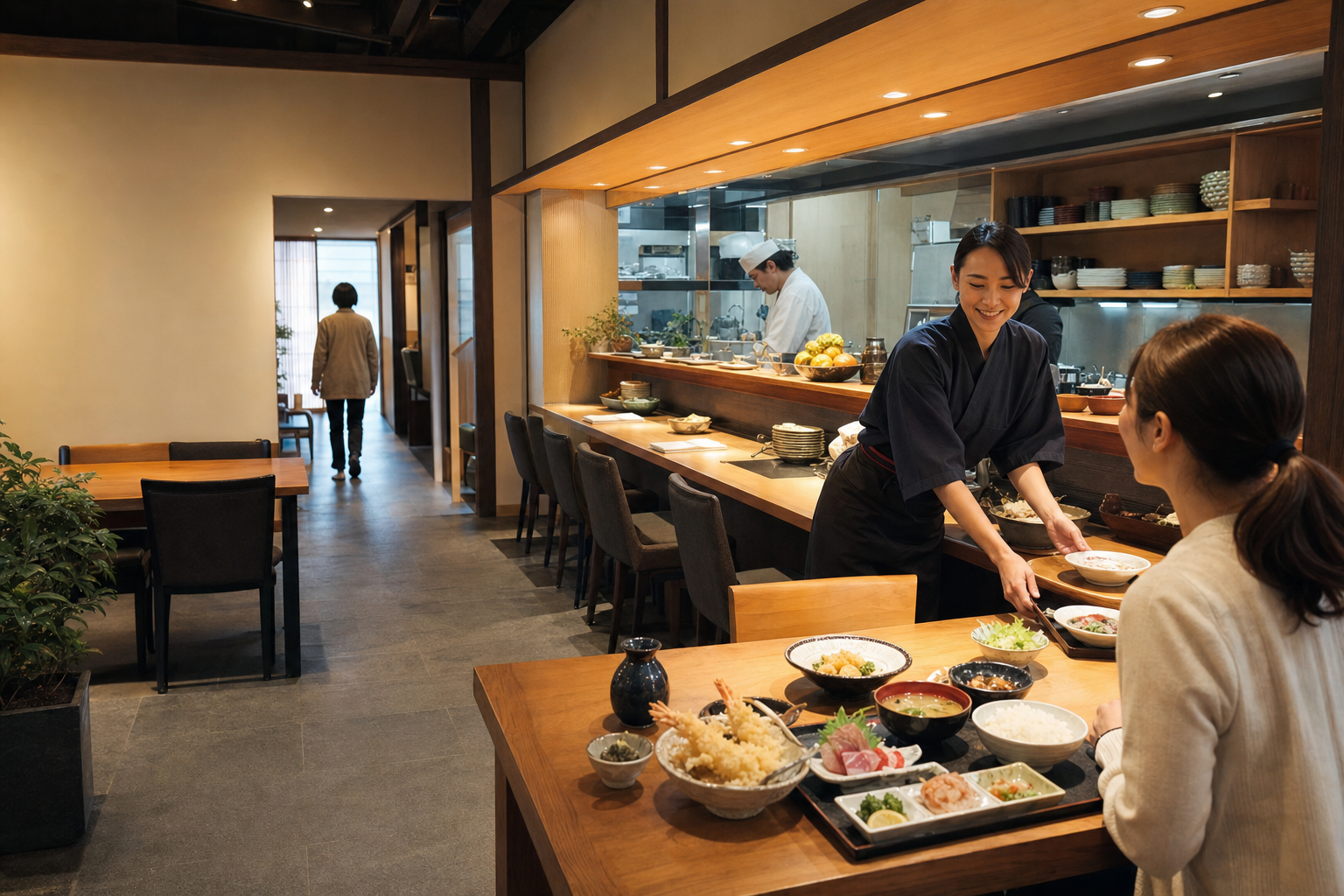 暖色の照明と木の設えが落ち着いた和食店の店内