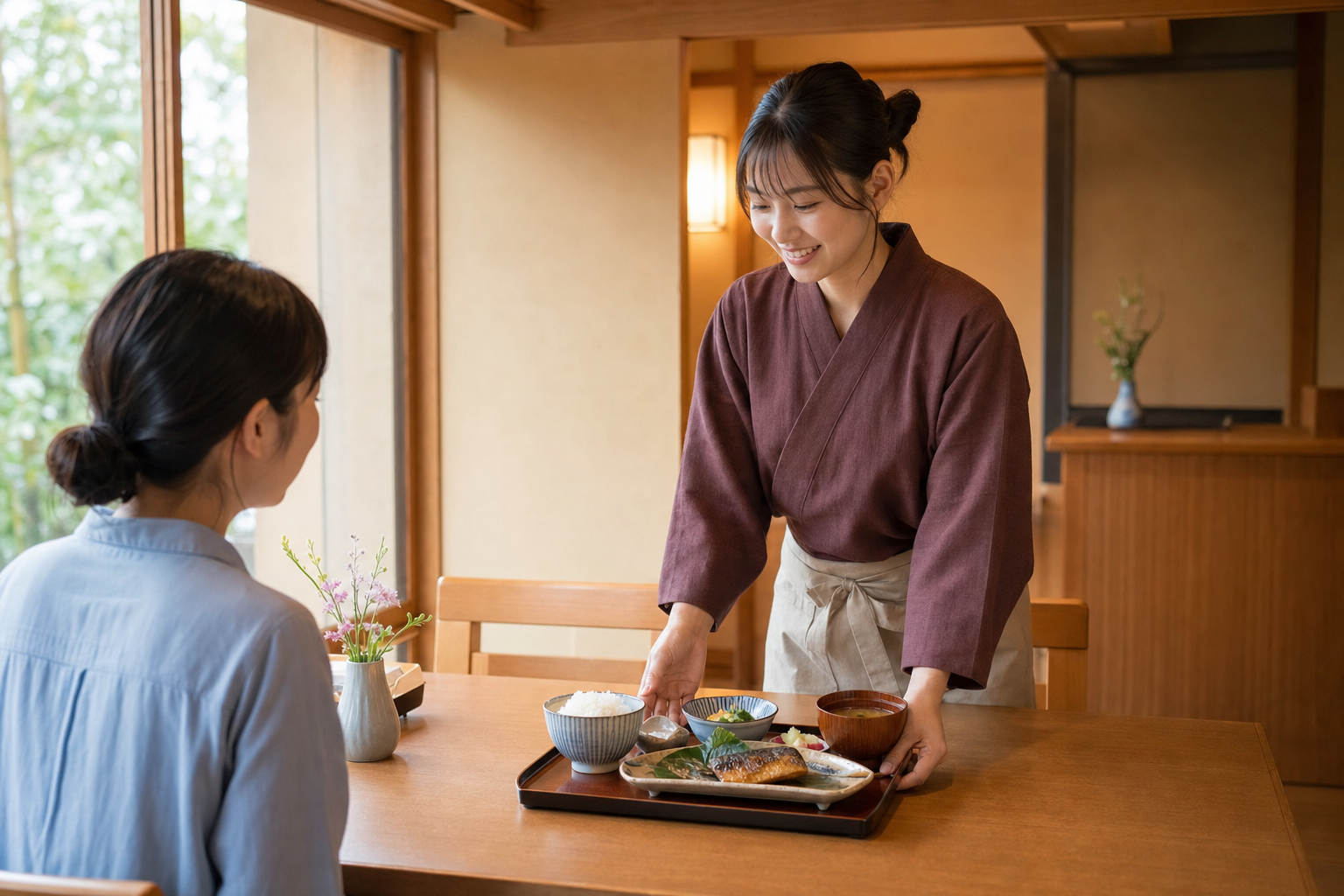 木の卓に並ぶ季節の和食料理