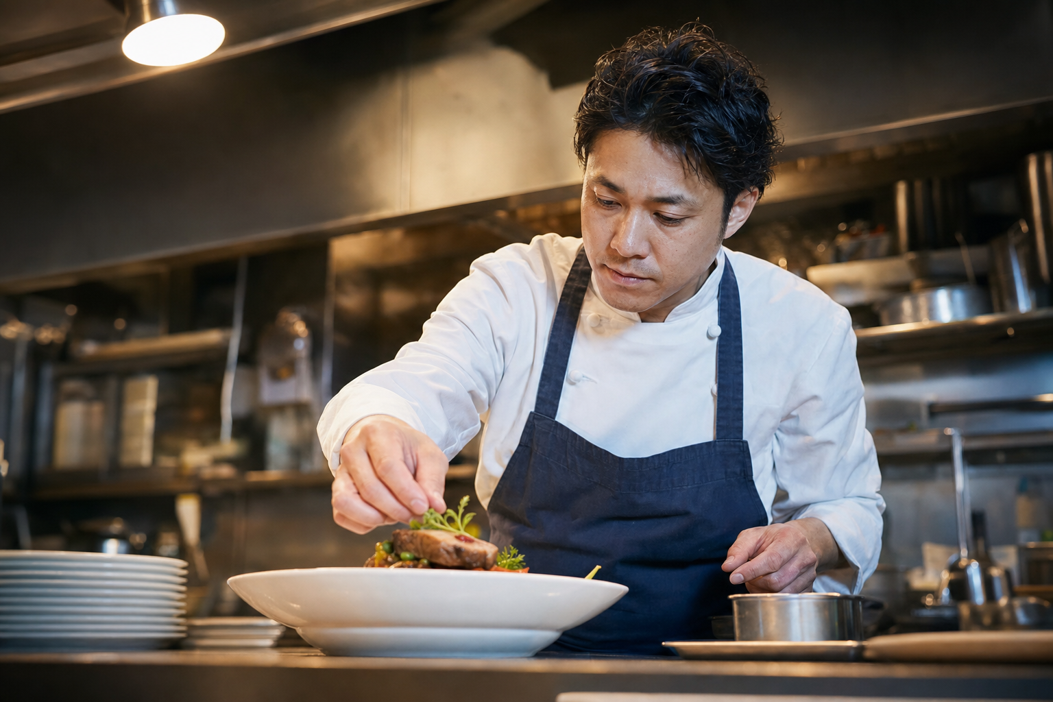 洋食を丁寧に仕上げる調理の様子