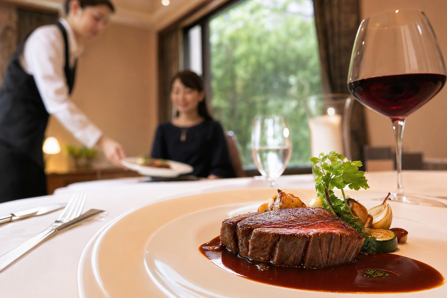 ソースと付け合わせを添えた洋食の一皿