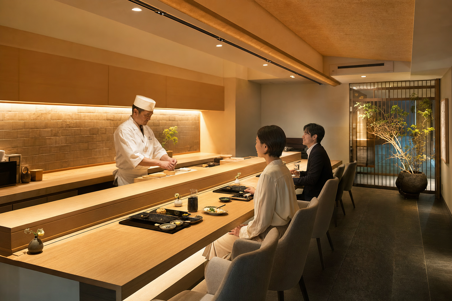 檜のカウンターに整えられた料理と席