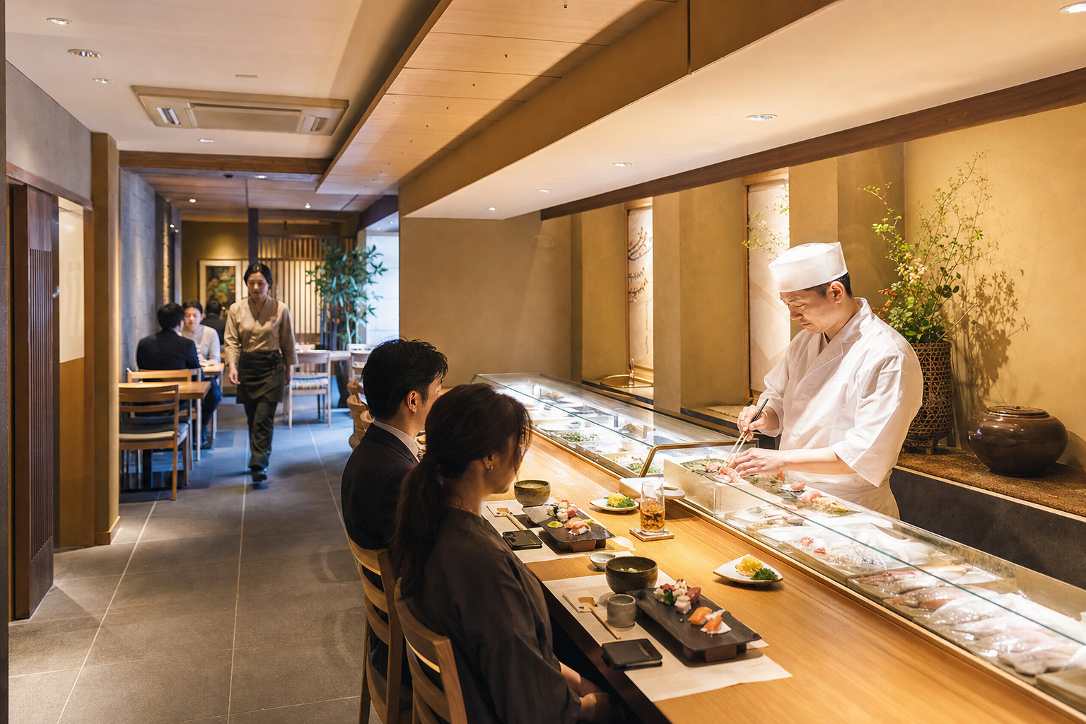 暖かな照明に包まれた落ち着いた店内の席