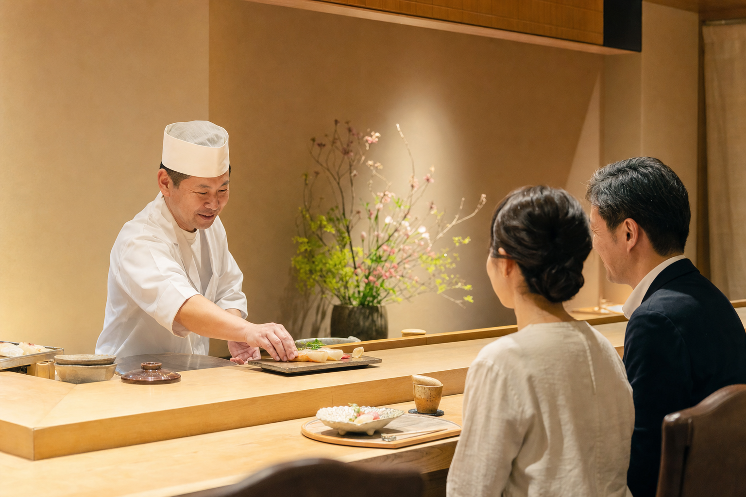 カウンターに供された寿司と日本料理