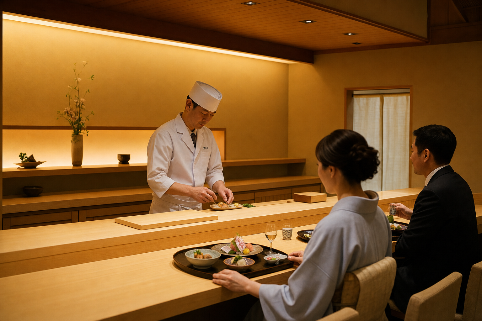 料理を身近に楽しめる木のカウンター席