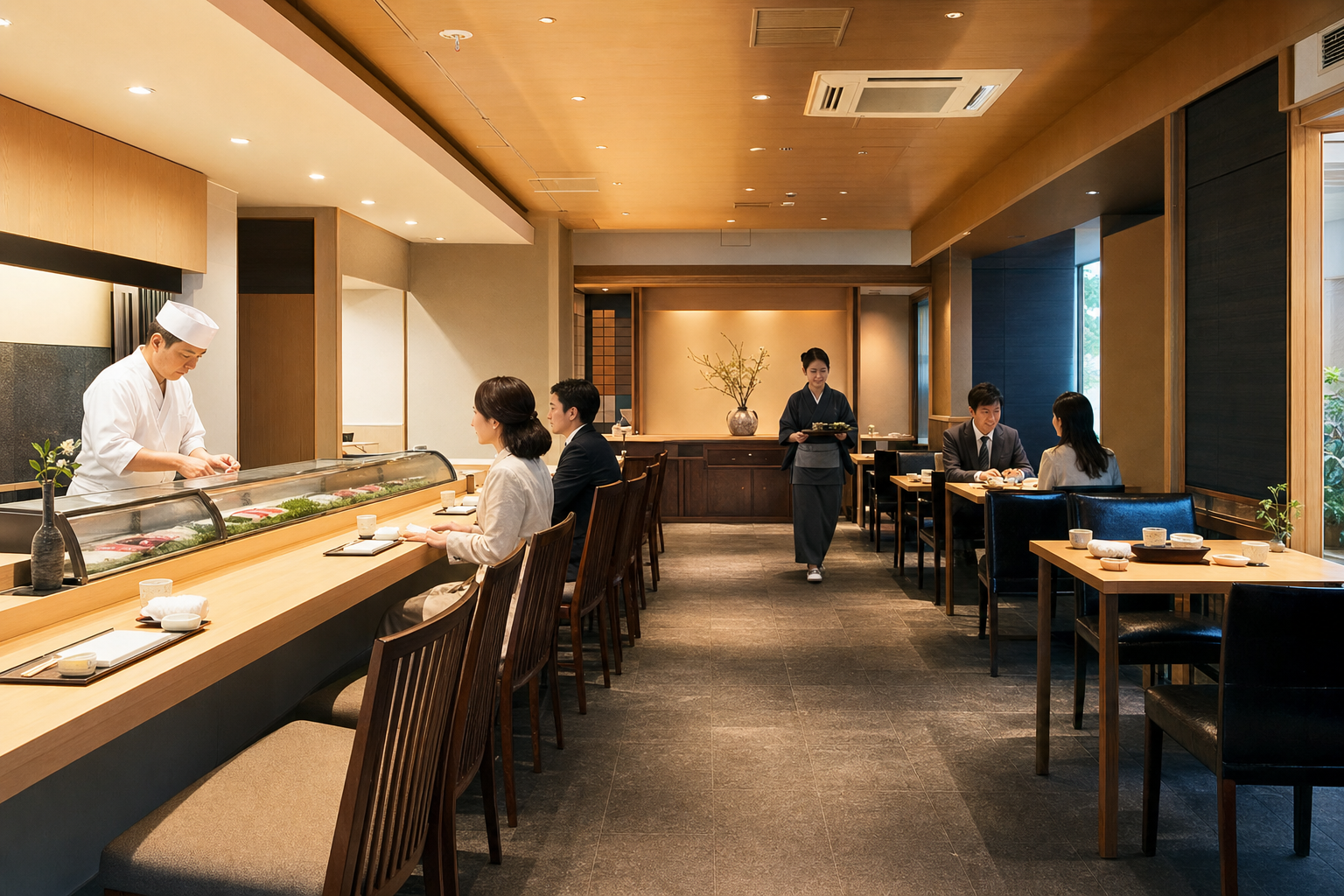 温かな照明と木を基調にした落ち着いた店内