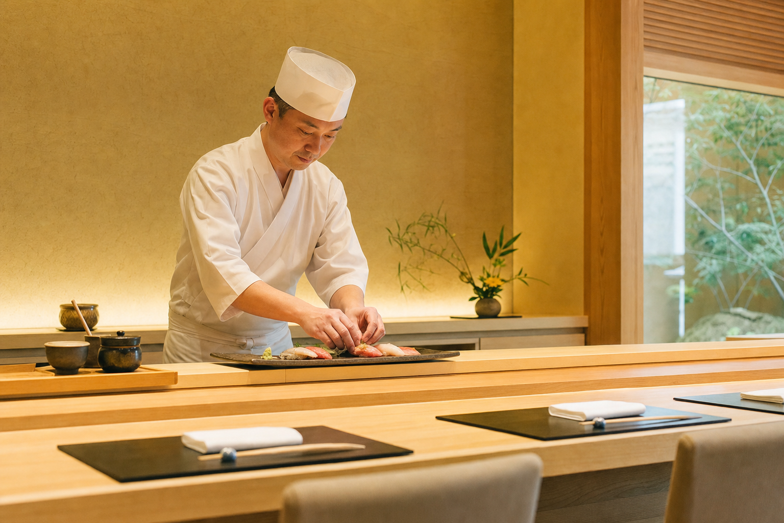 旬の食材を日本料理へ丁寧に仕立てる調理の様子