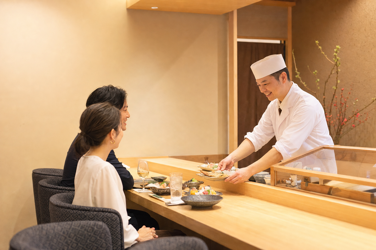 料理人の仕事を身近に感じる白木のカウンター