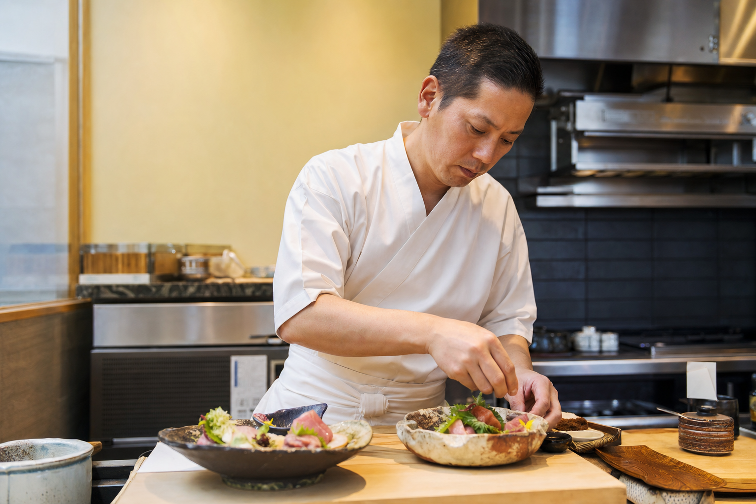 日本料理を一皿ずつ丁寧に仕立てる様子