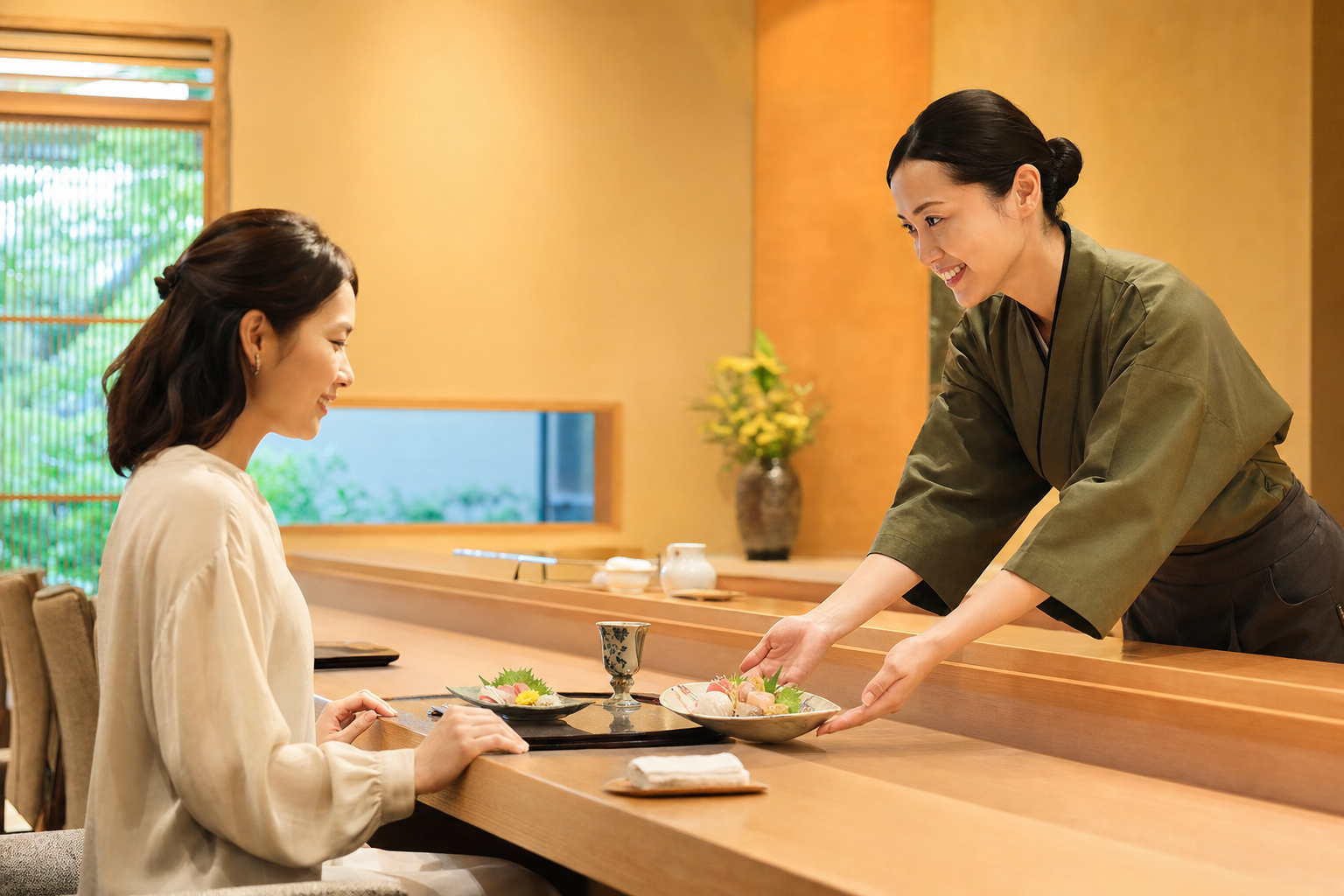 カウンター越しに料理を提供する店内の様子