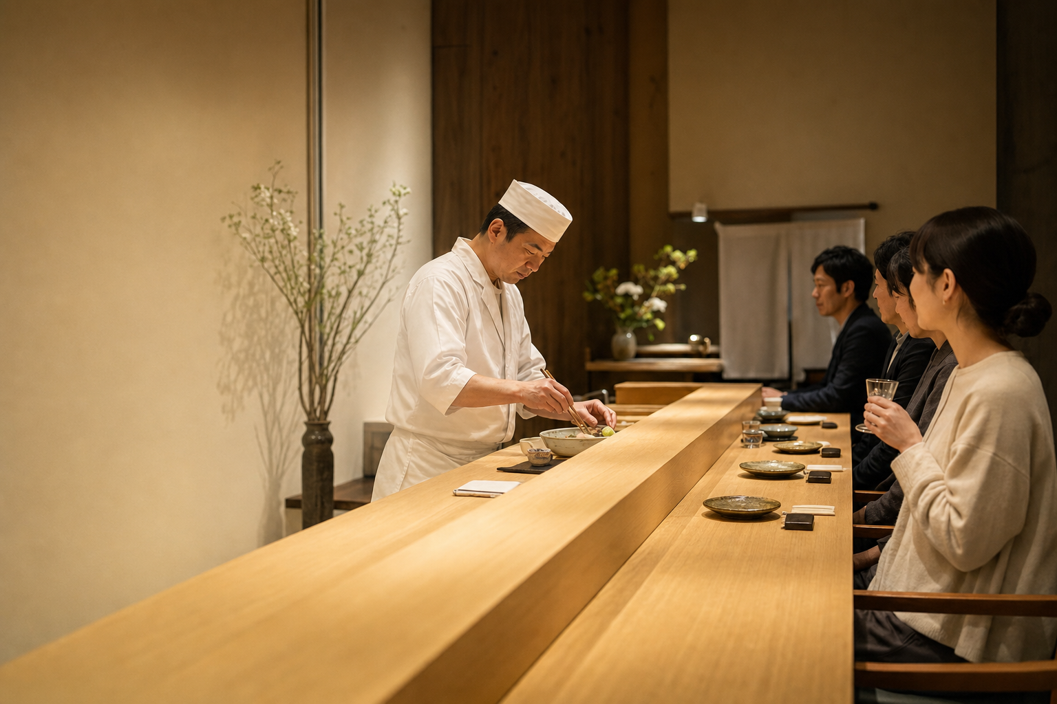 料理人が白木のカウンターで季節の一皿を仕立てる様子