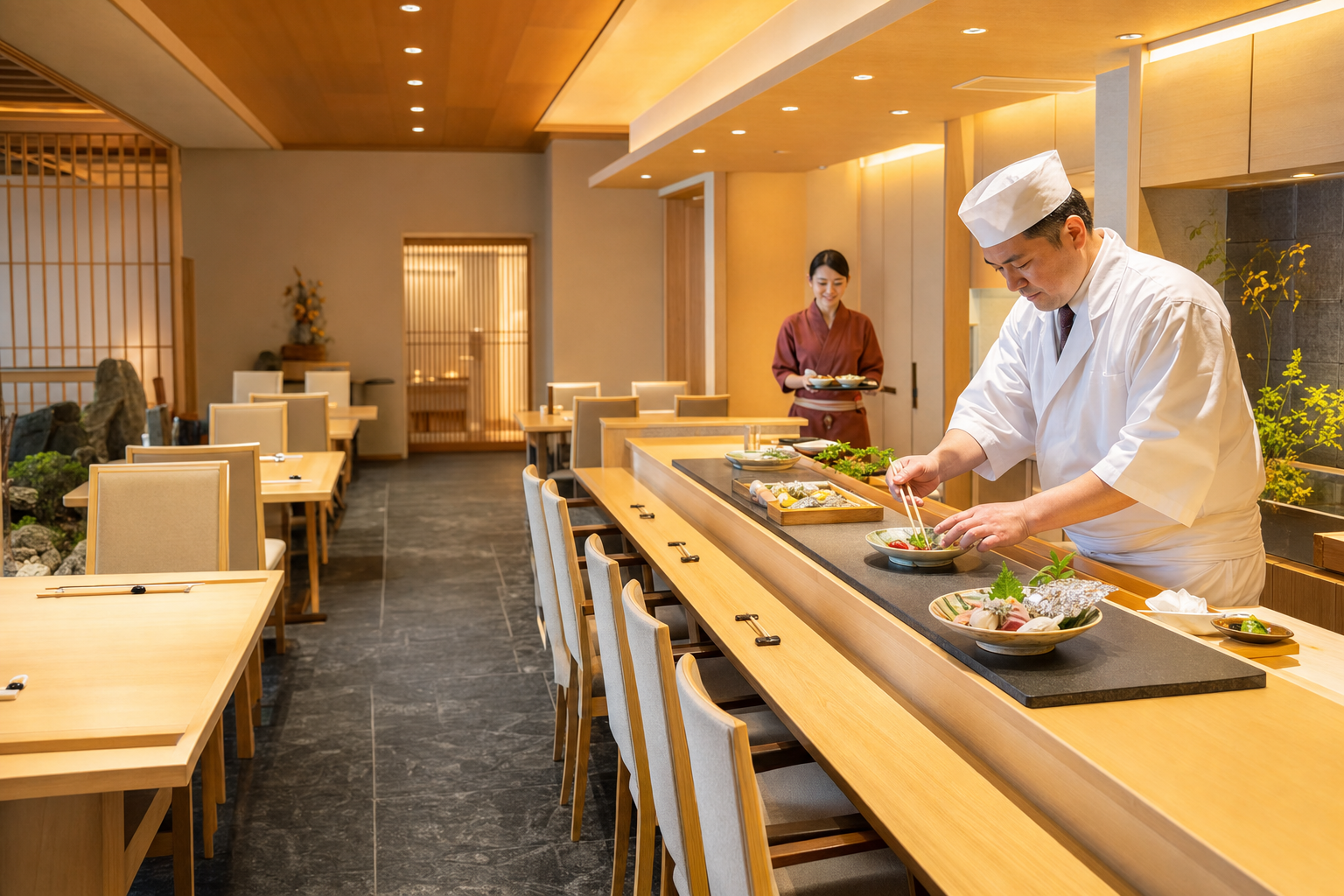 白木と暖かな灯りに包まれた落ち着いた店内