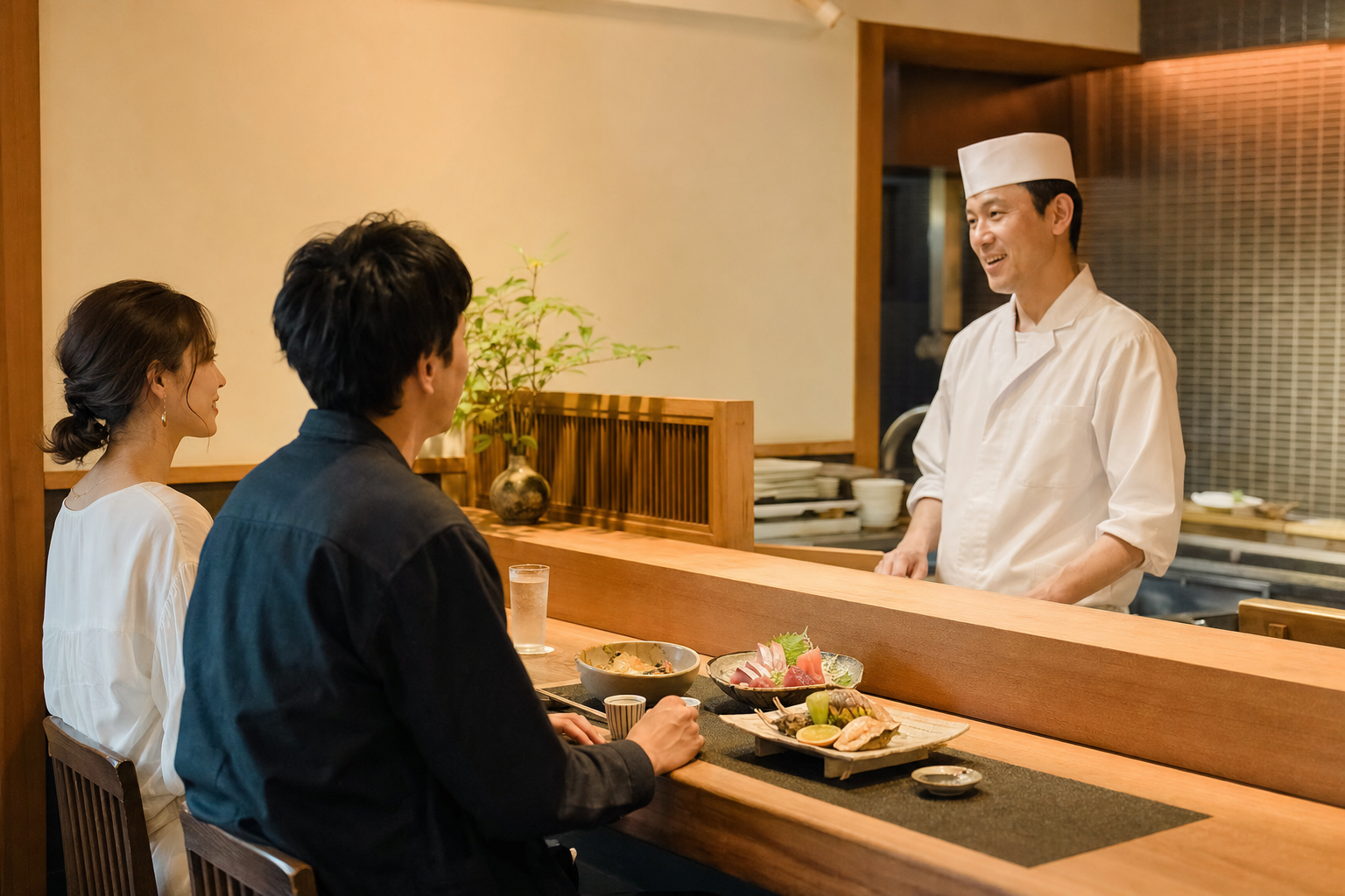白木のカウンター越しに料理人の手仕事を眺める店内