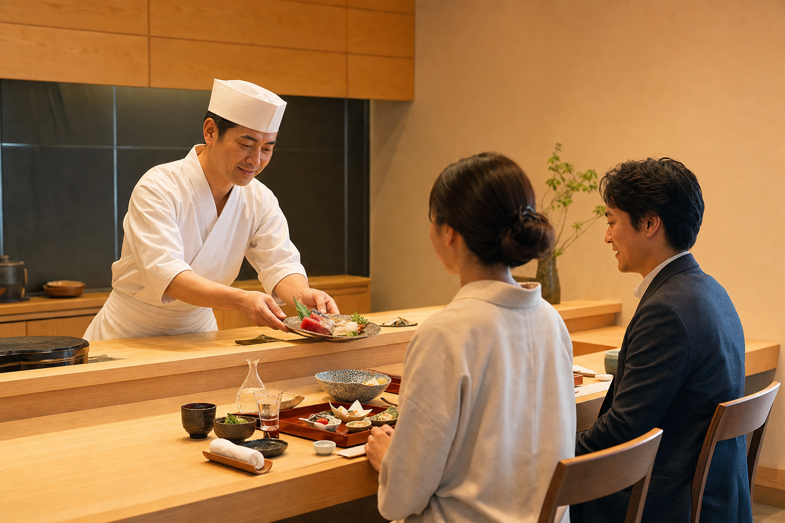白木のカウンター席と暖かな照明の店内