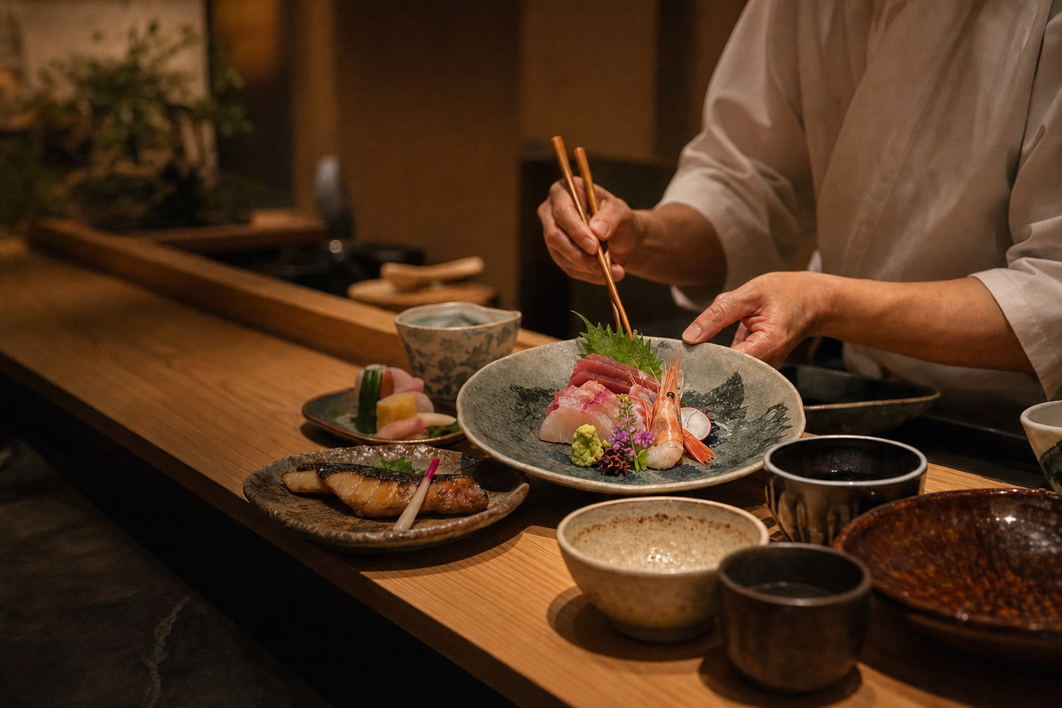 料理人が旬のお造りを器へ丁寧に盛り付ける様子