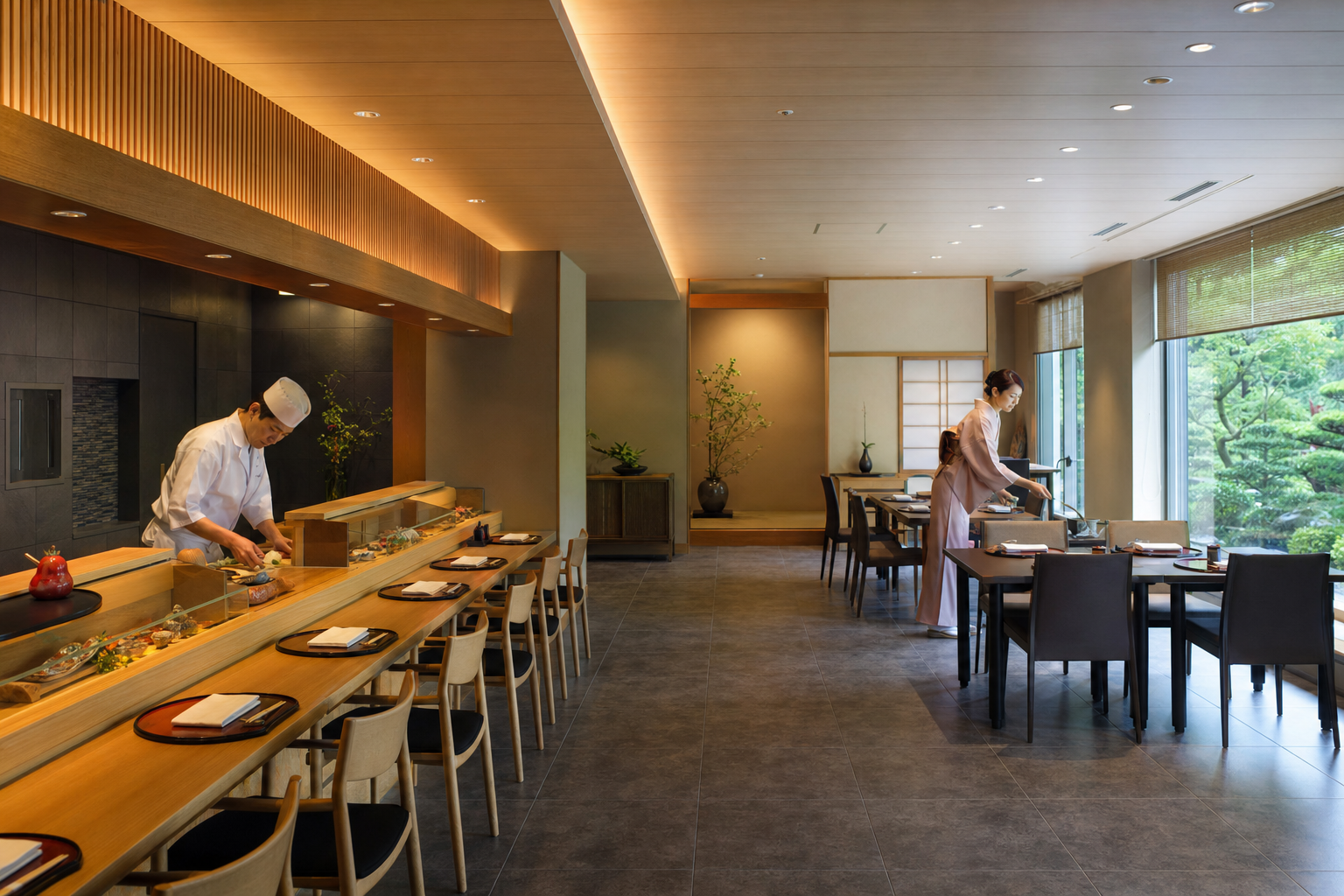 白木のカウンター席が並ぶ落ち着いた店内