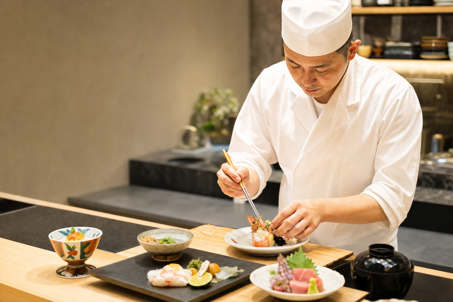 旬の食材を料理人が丁寧に仕込む様子