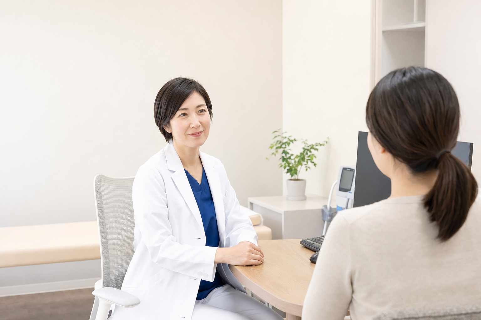 院内で案内を行う医師
