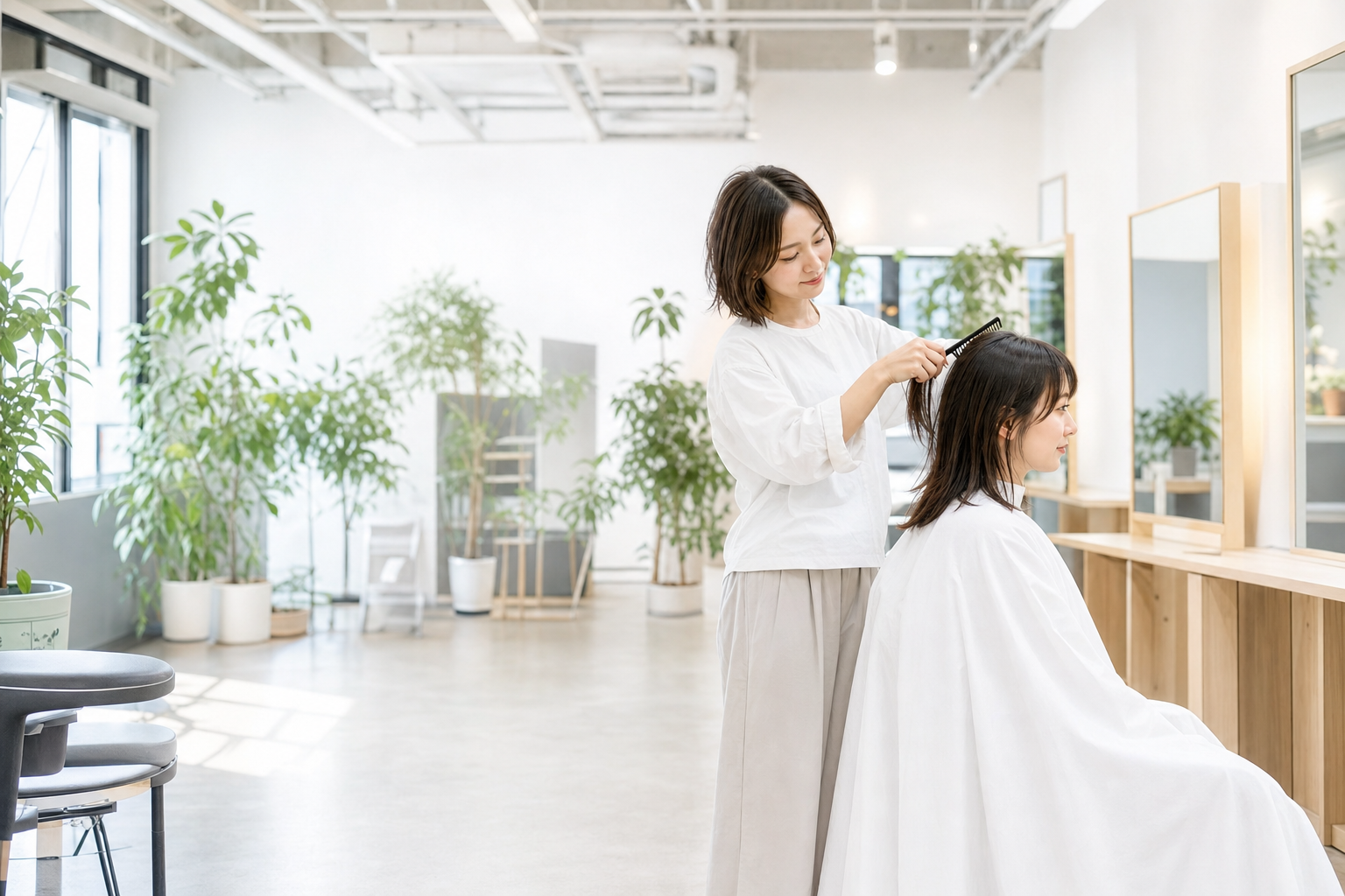 明るいサロンでスタイリストがお客様の髪を整えている様子