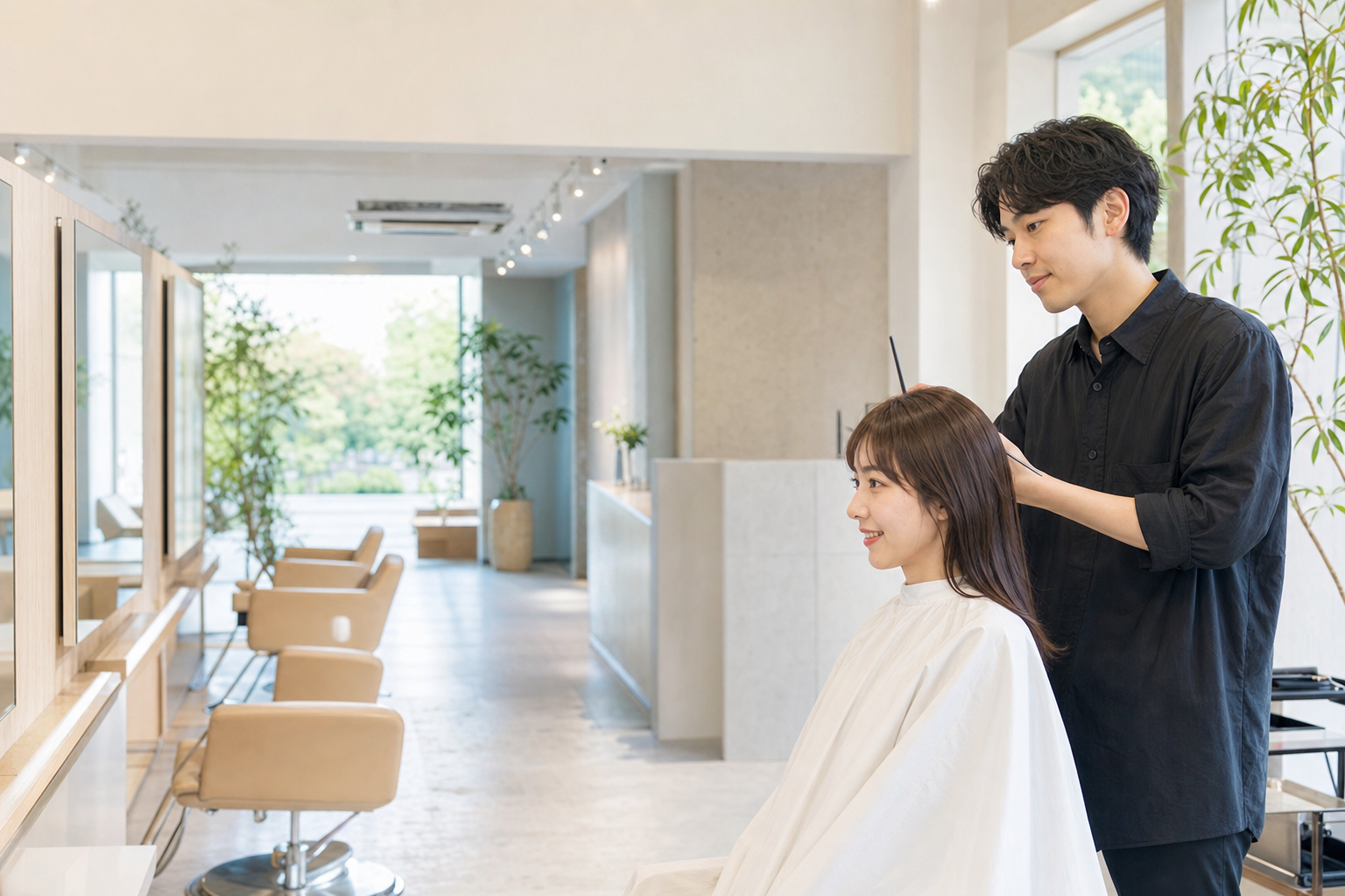 木枠の鏡と植物が並ぶ明るく清潔なサロン店内