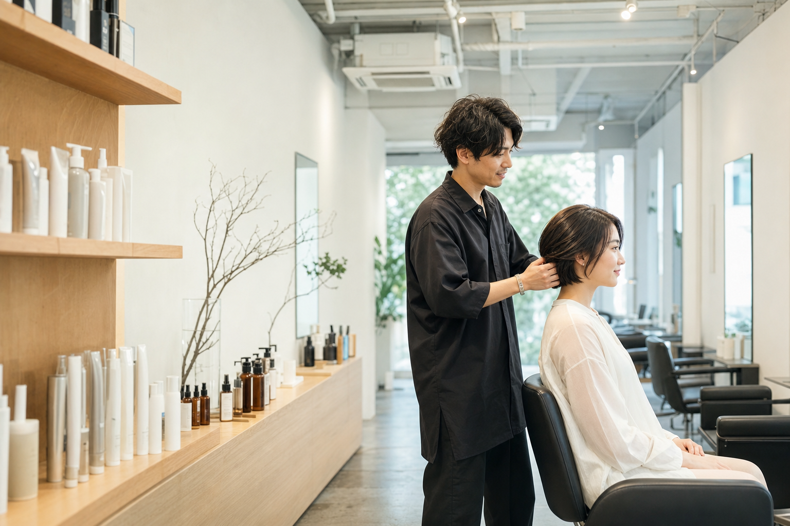 清潔に整えられたサロンのヘアケア用品
