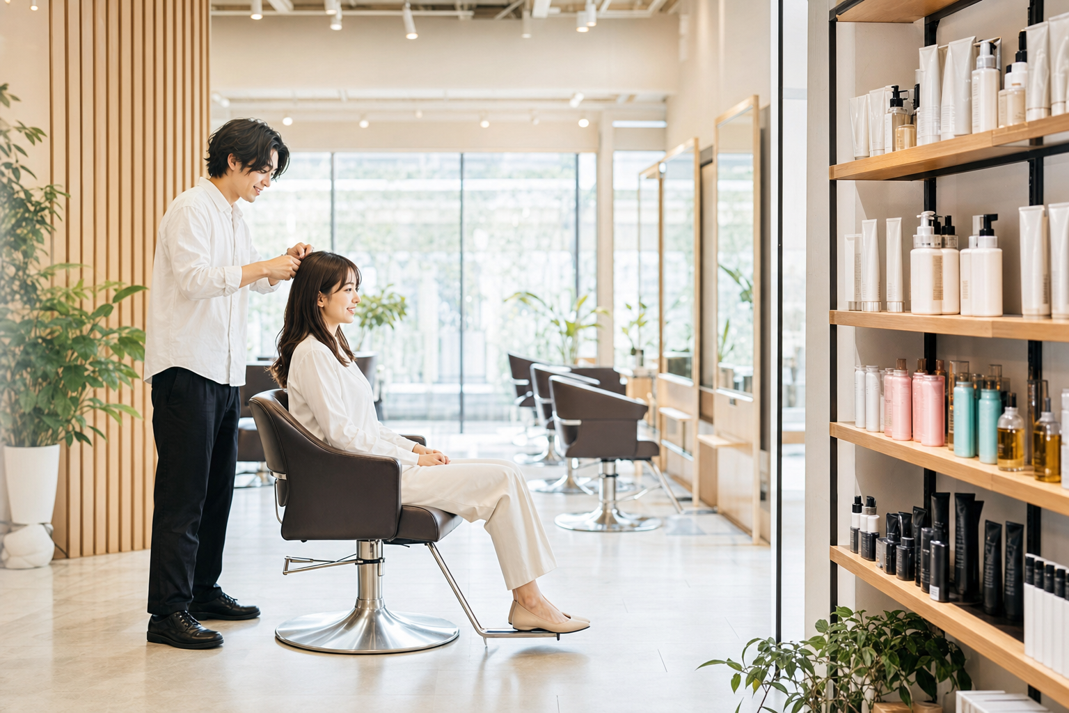 サロン内に清潔に整えて並べられたケア用品