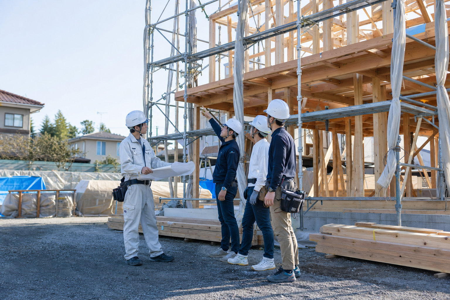 建築現場で相談する施工チーム