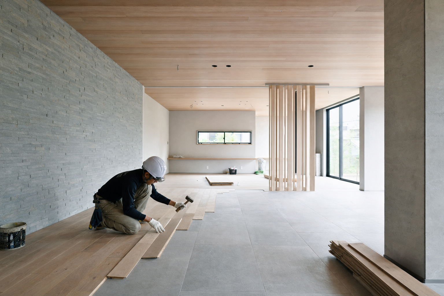 内装工事に用いる素材を確認する作業風景