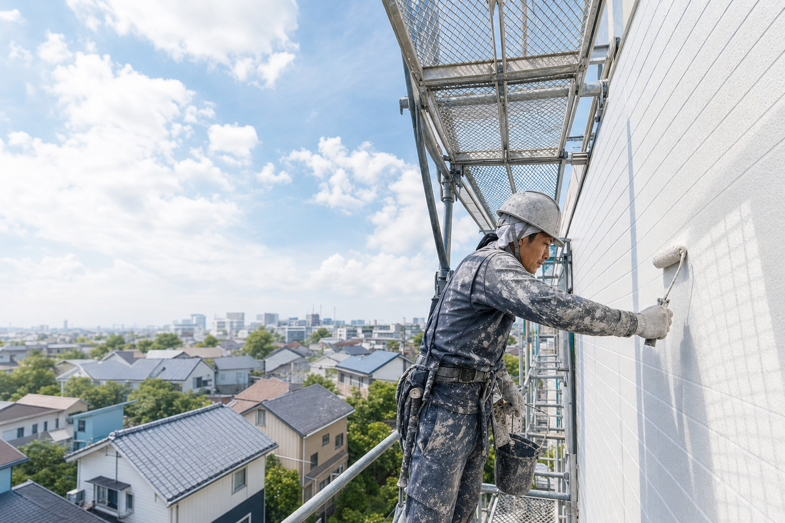 世田谷の住宅で外壁塗装を行う職人
