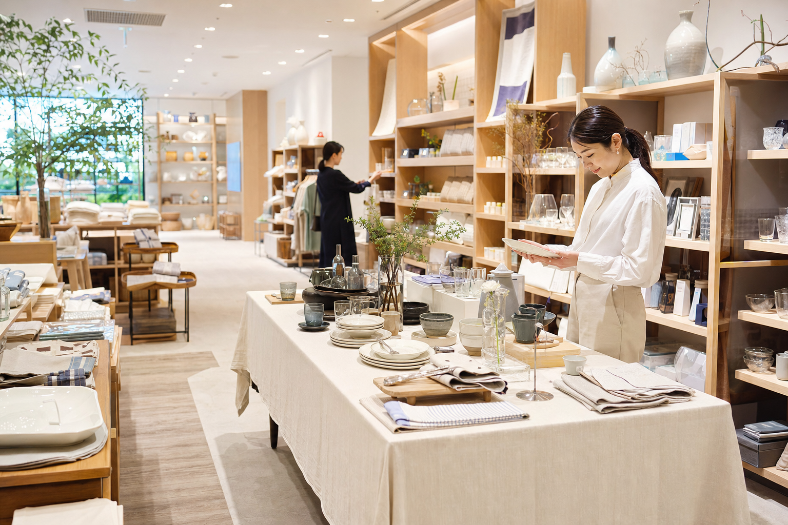 木製棚に整然と並ぶ生活用品