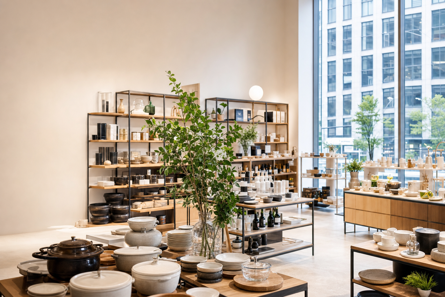自然光が入る銀座ライフスタイルストアの店内に器や生活用品、植物が並ぶ様子