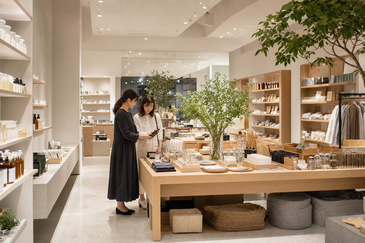 器やカップ、花器を自然光の中でまとめた売場