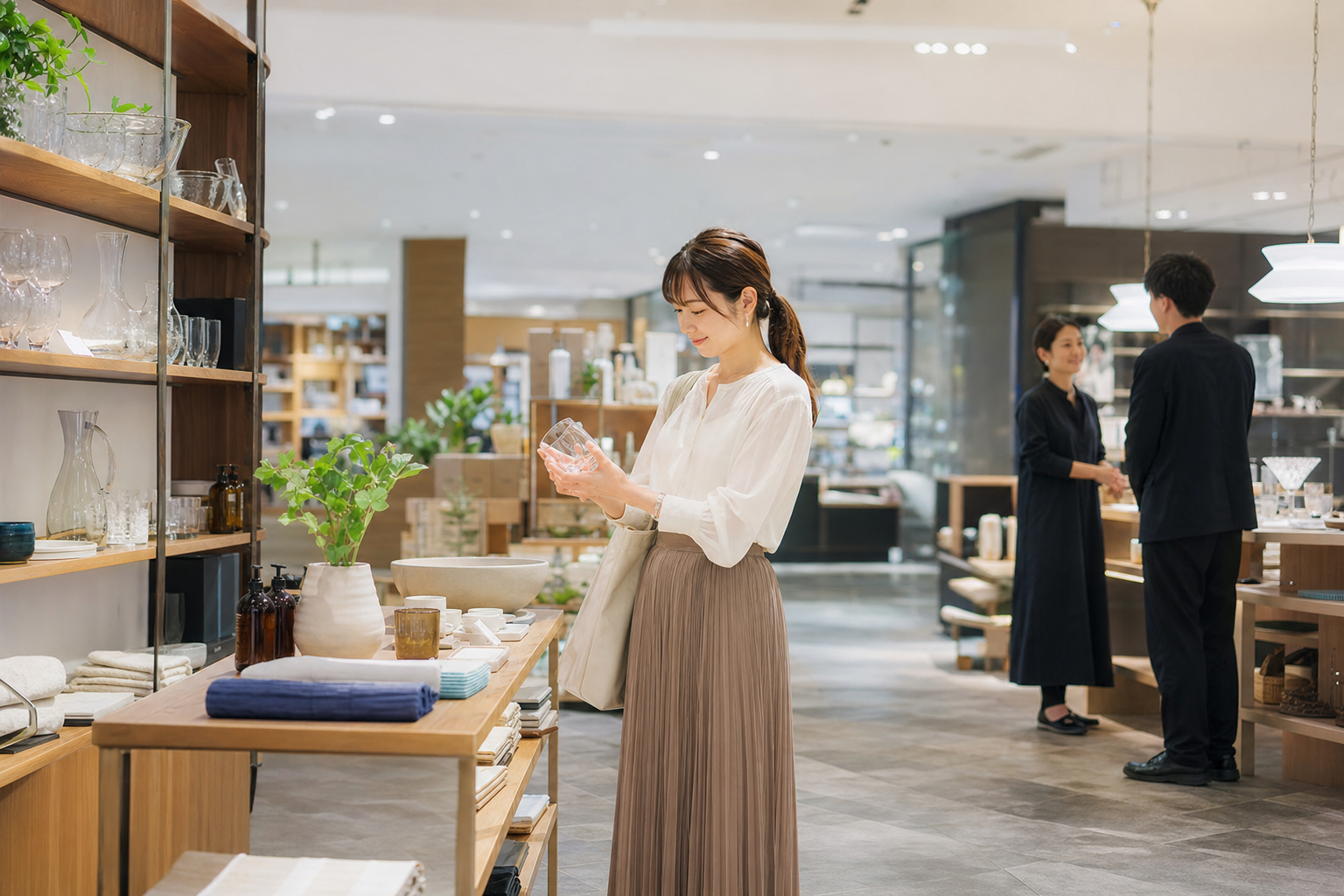 青いカップと布、木の天板を組み合わせた生活用品