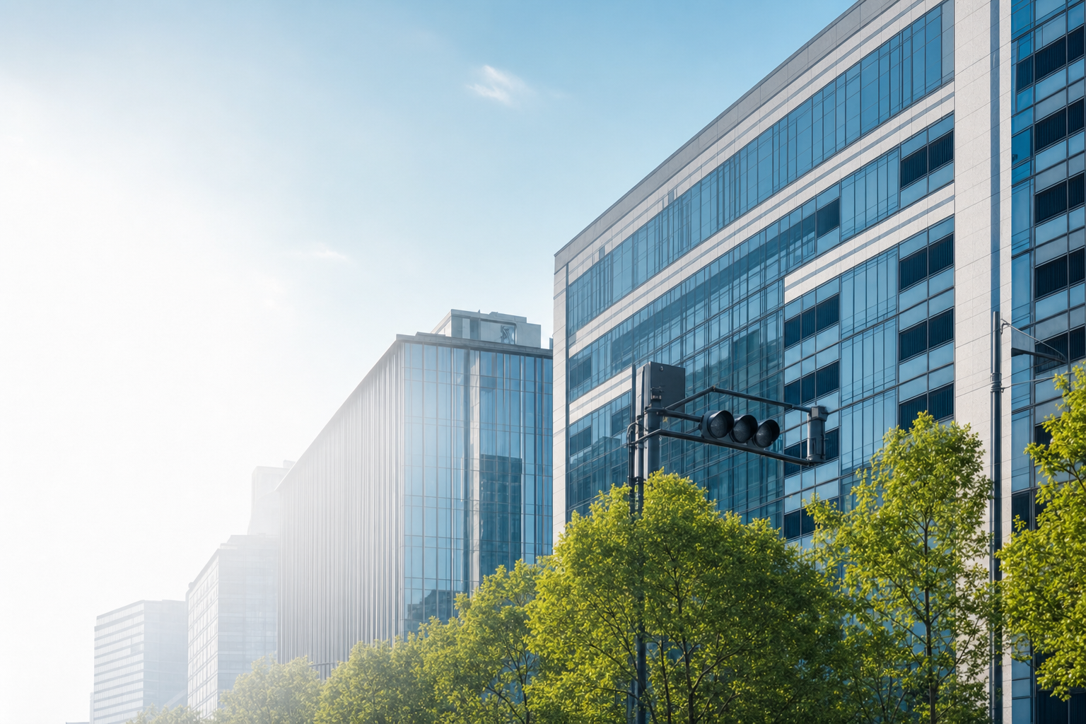 日本橋のオフィスビルと明るい街並み