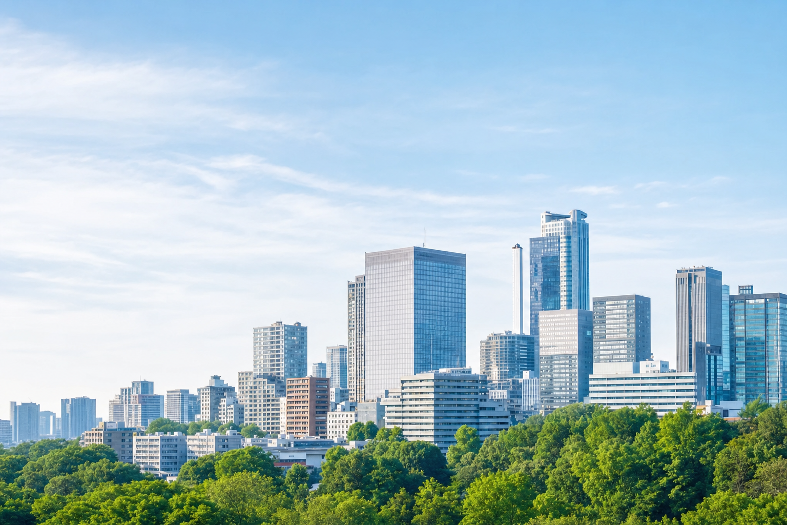 東京都心の建物と緑、水辺が見える風景