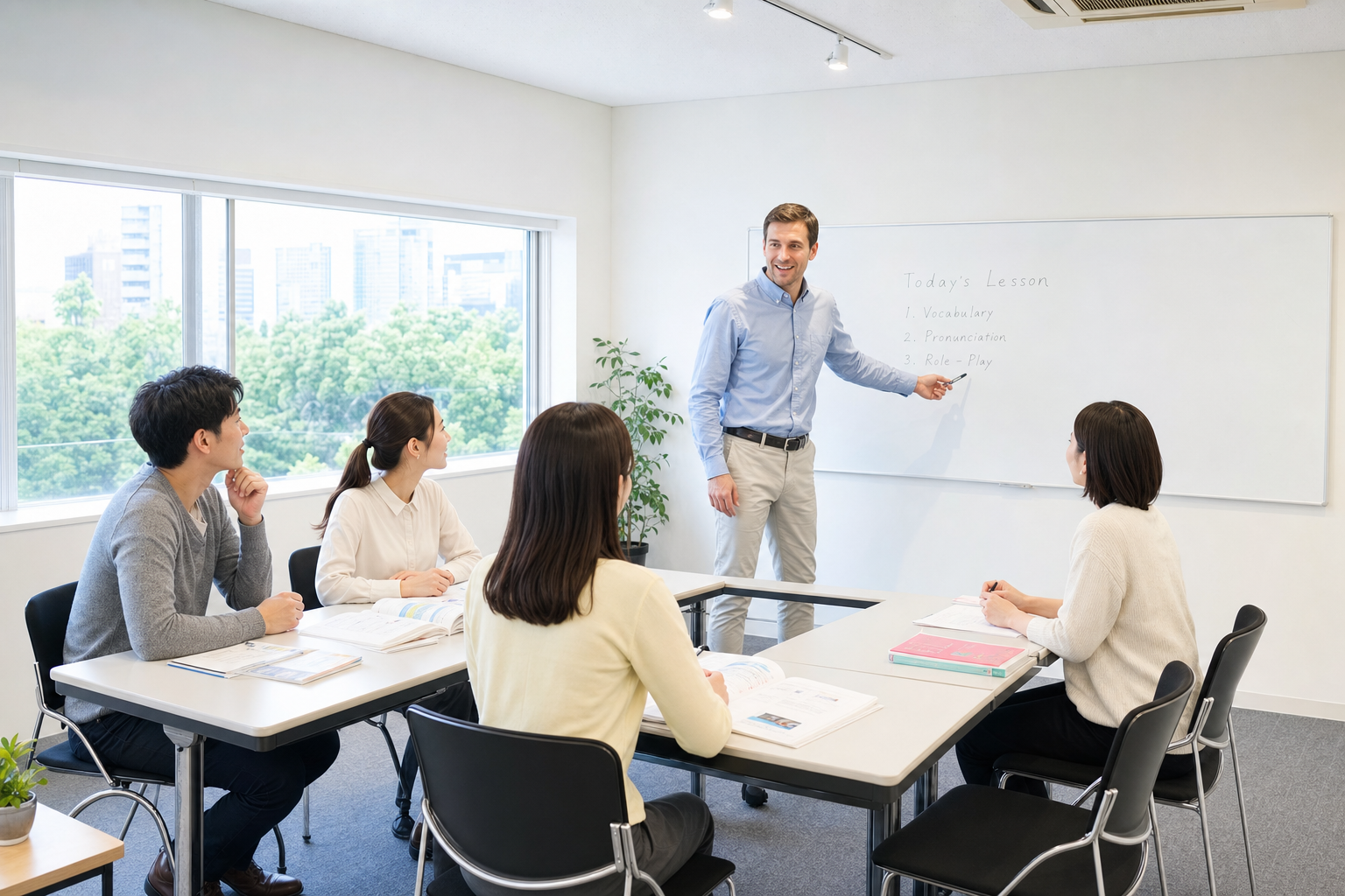 教材を開いて英語を復習している様子