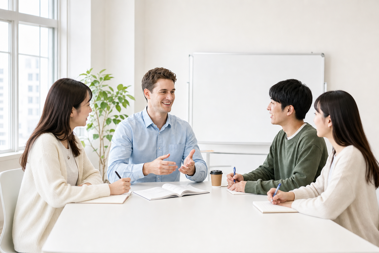 明るい教室で講師と受講者が教材を囲む様子