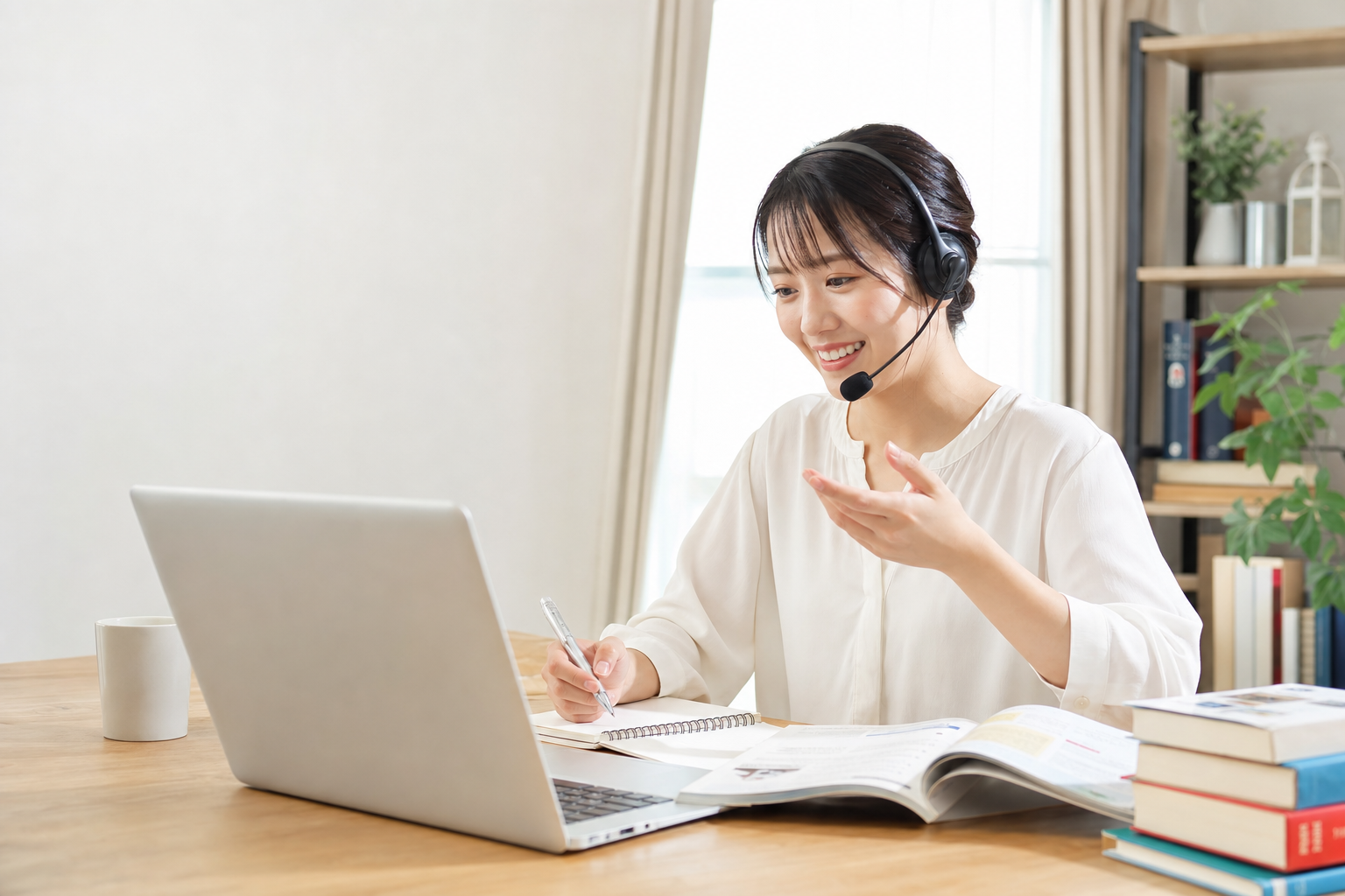 机の上に並べられた英語学習用の教材