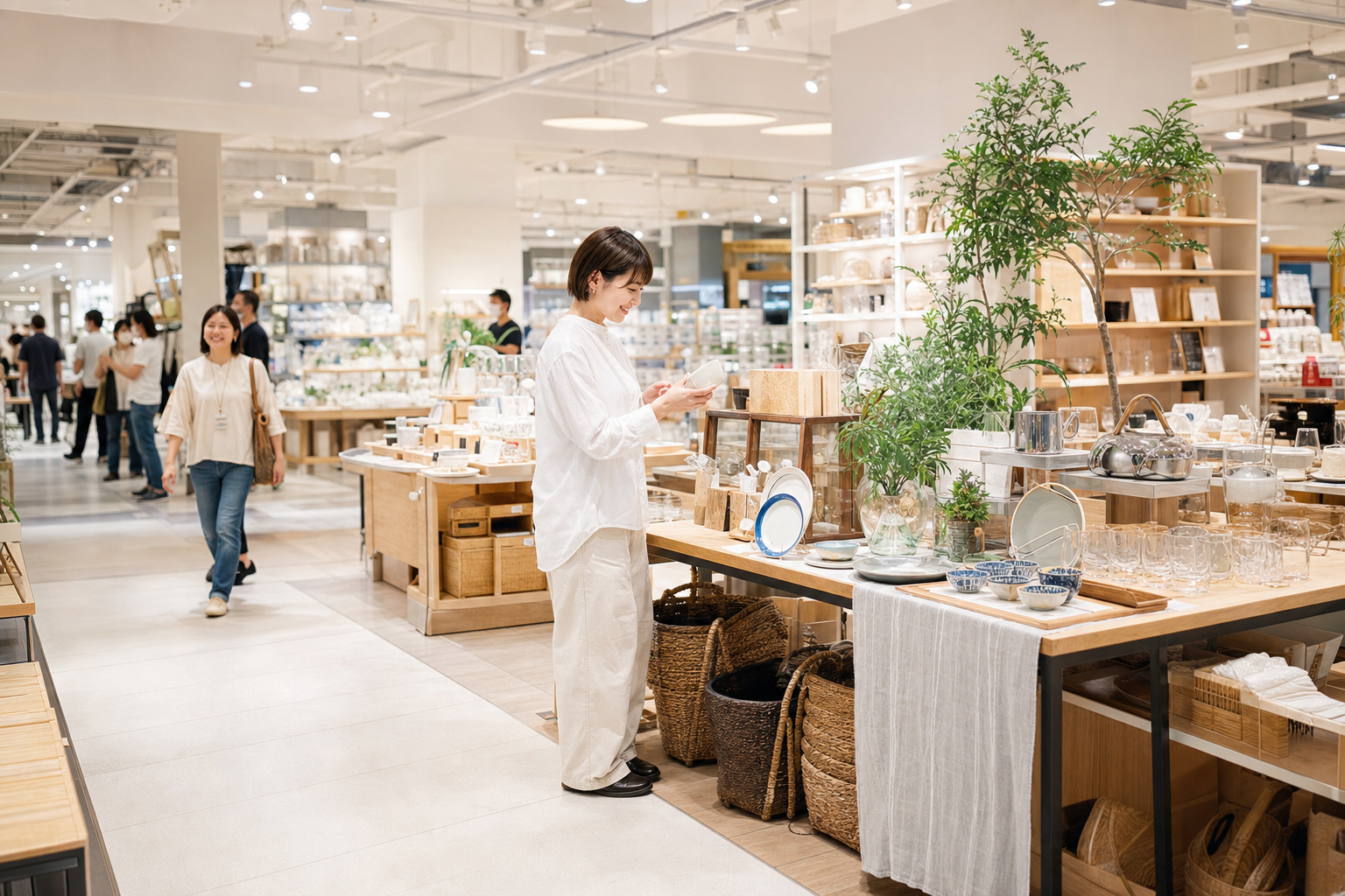 商品を見比べやすく並べた黄色い売場什器