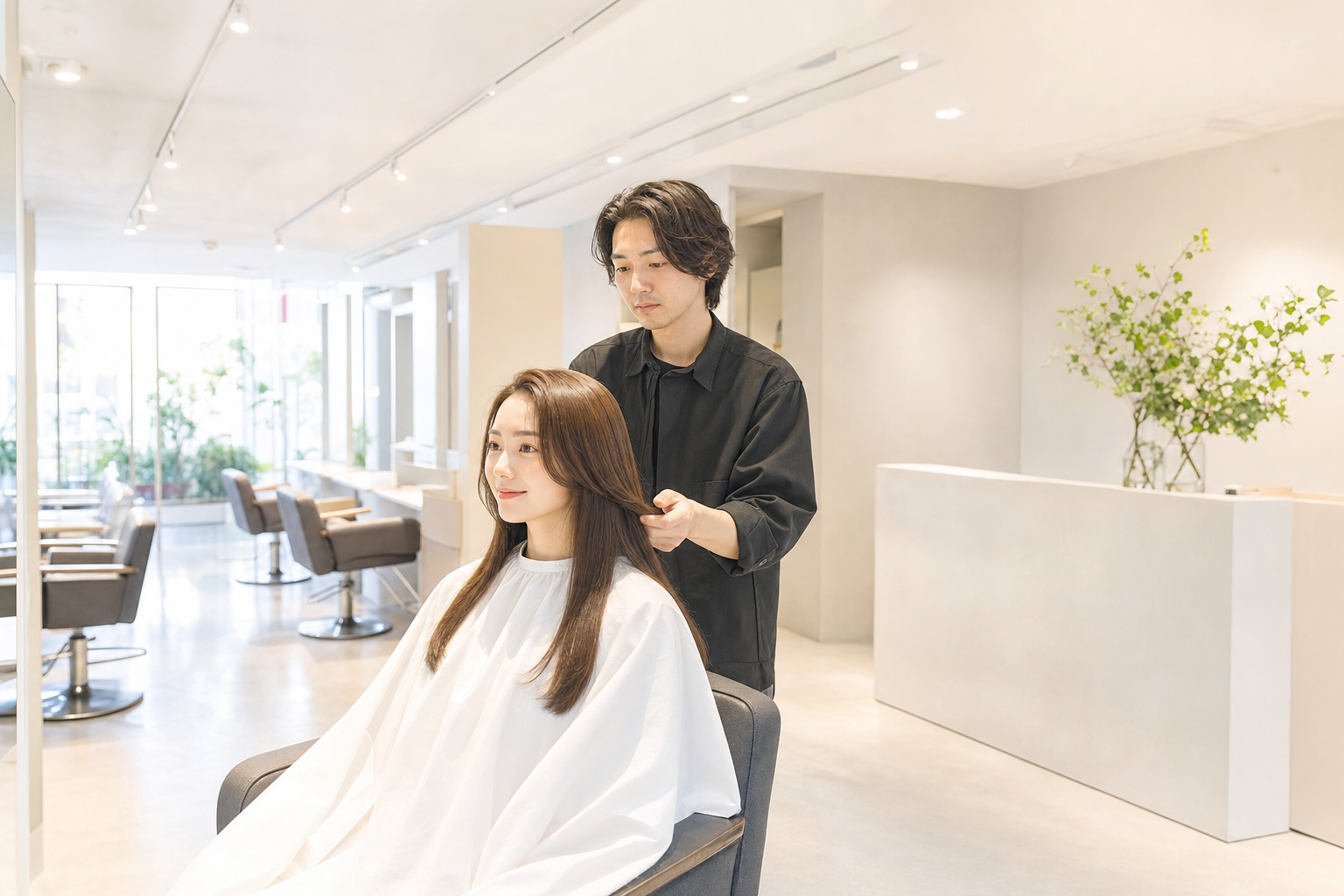 表参道ヘアサロン アオ - セット面と店内全体の清潔な風景