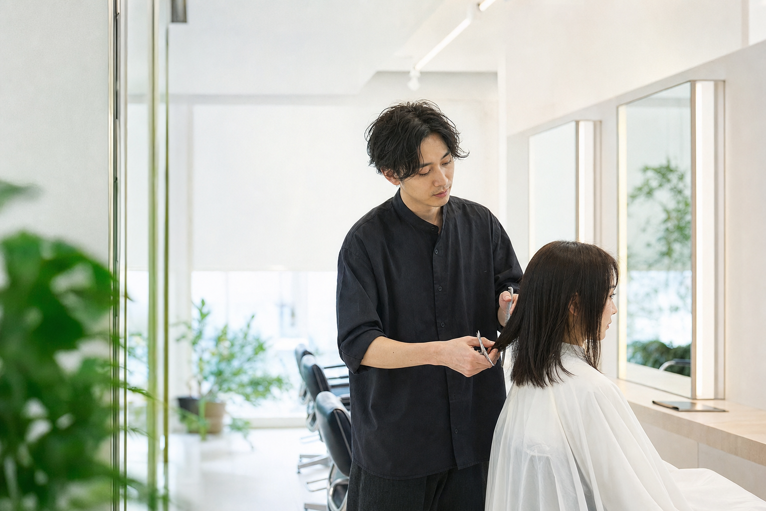 自然光の入る明るいサロンに立つスタイリスト