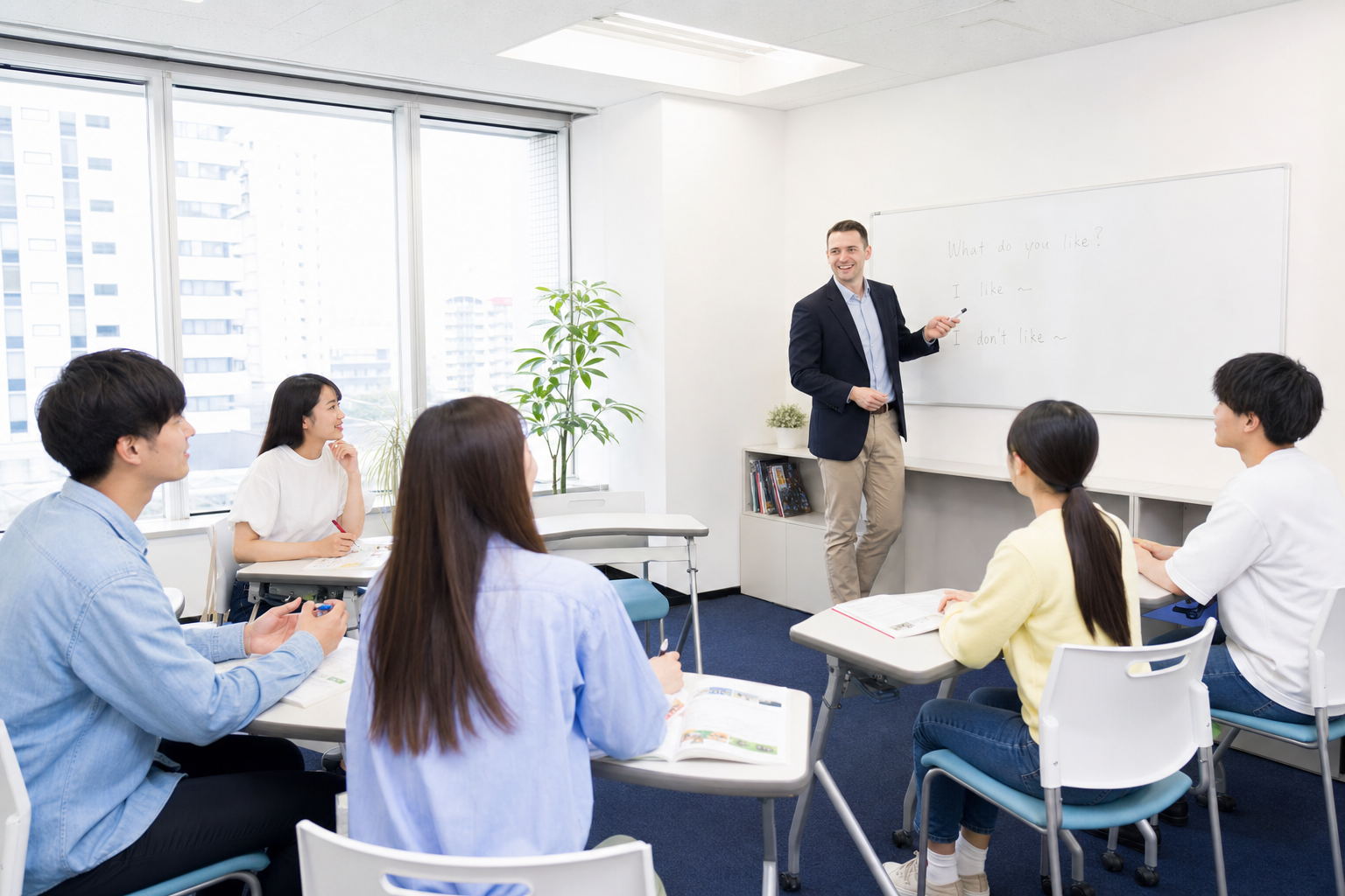 明るい教室で対話する受講者