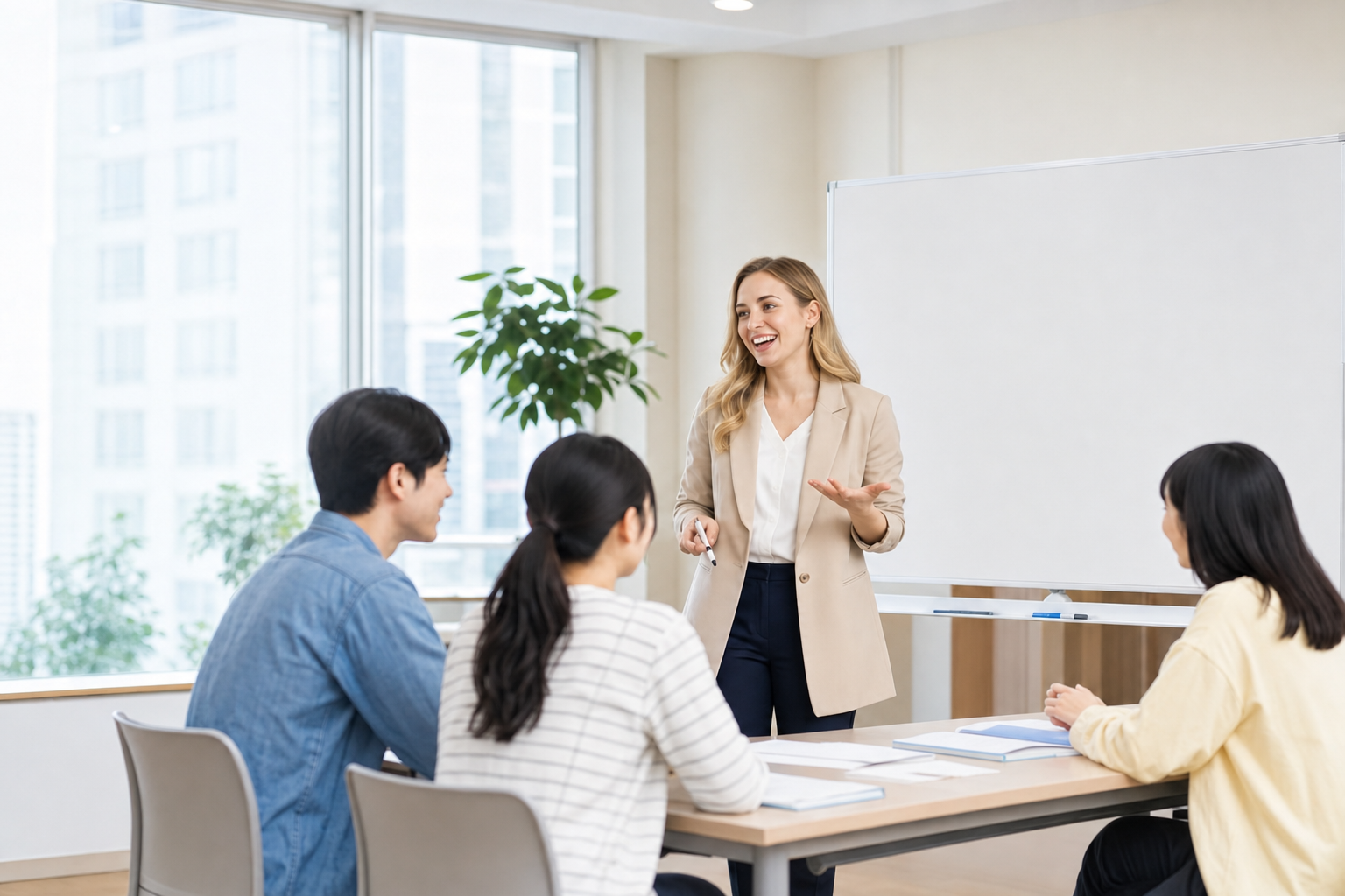 明るい教室で英会話を学ぶ受講者と講師