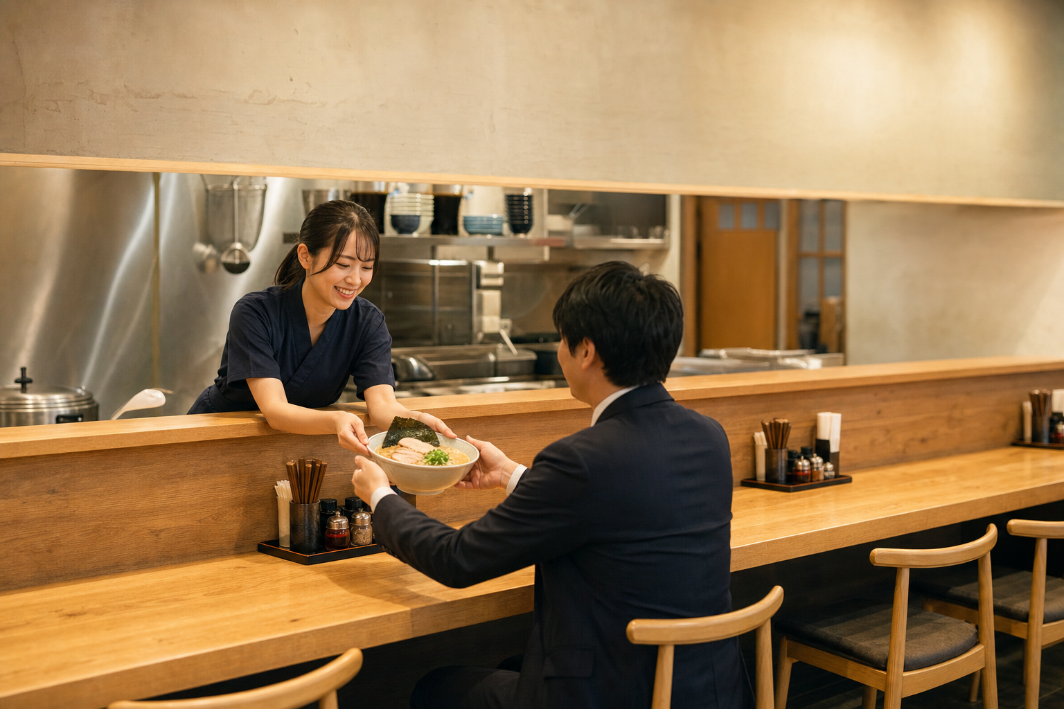 木のカウンター席を表す店内イメージ