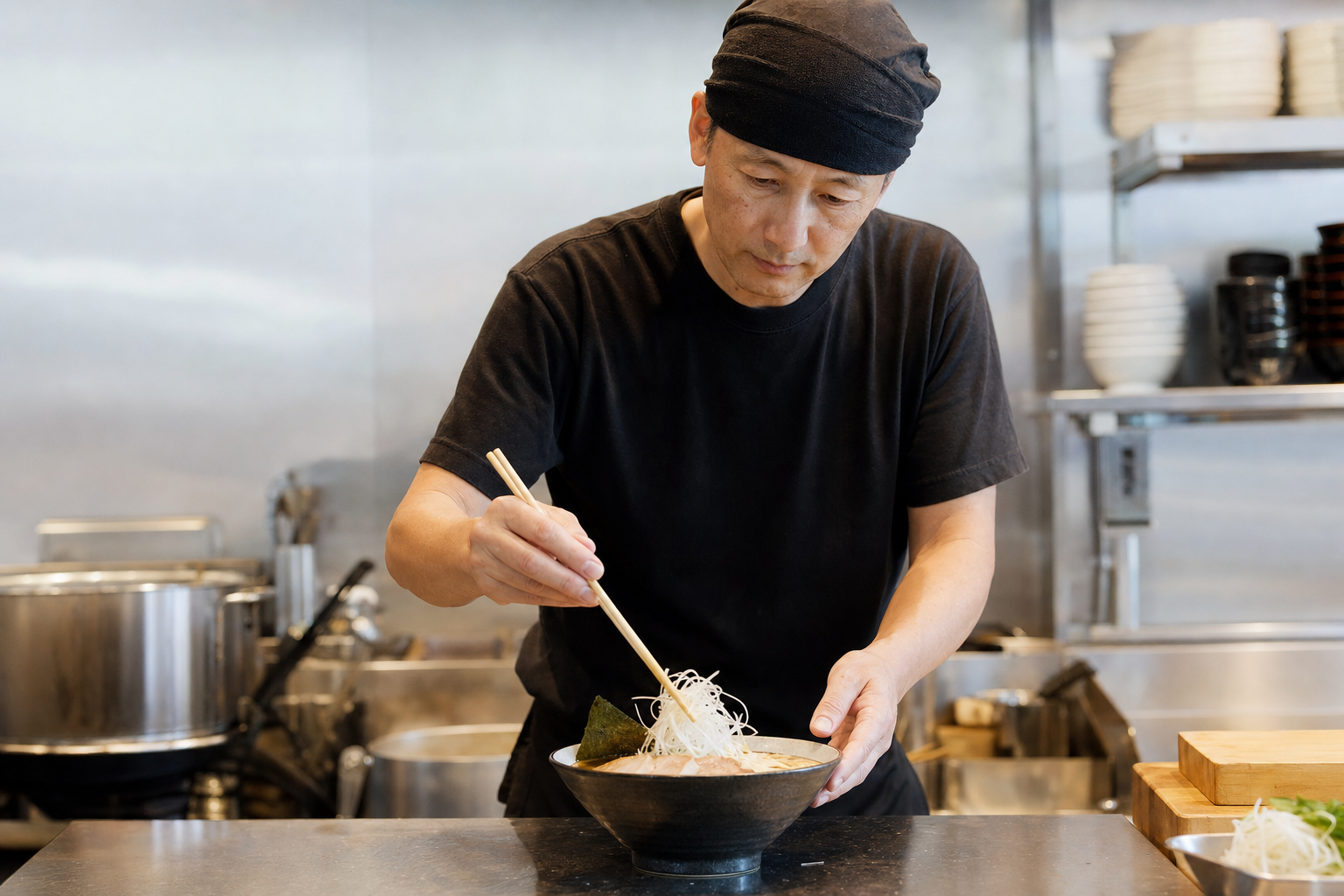 麺料理の準備風景を表すイメージ