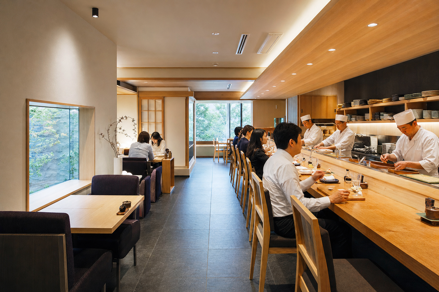 割烹 御成門 - 店内全体の席と動線が分かる広角風景